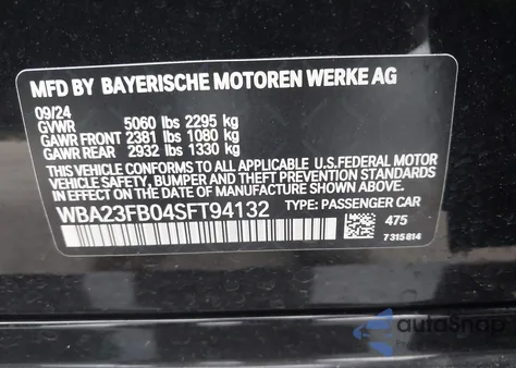 2025 BMW 4 Series Gran Coupe 430I z USA, uszkodzony, nr VIN WBA23FB04SFT94132